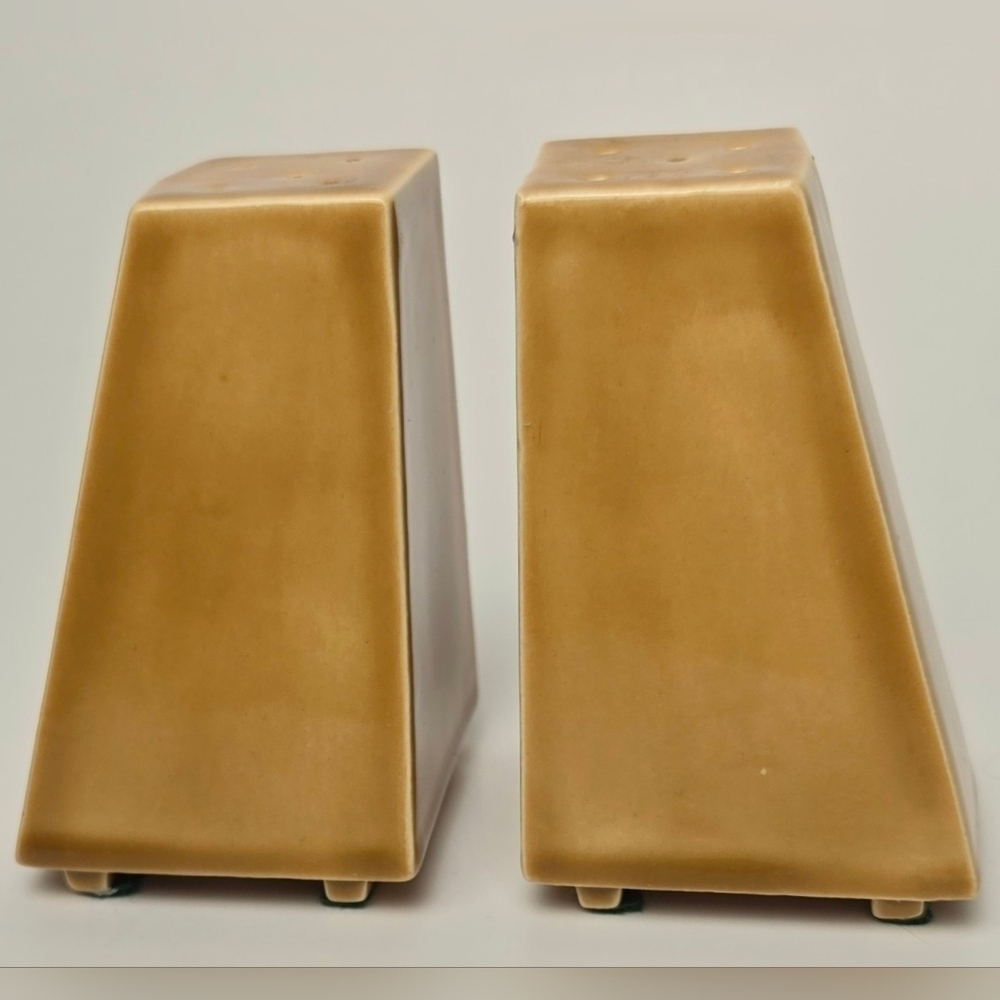 Vintage LeRoi MCM Salt & Pepper Shakers Geometric Tan Brown Ceramic - Picture 6 of 9